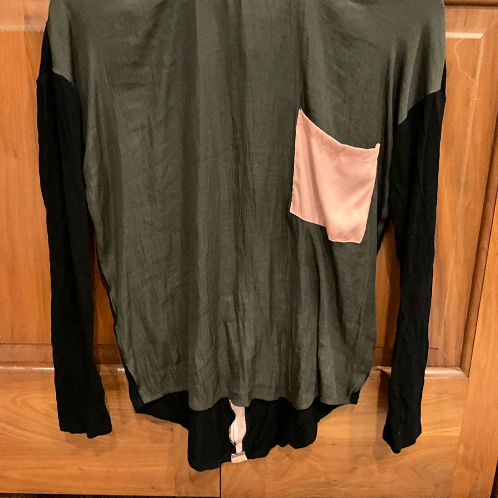 Women's Olive and Black Long Sleeve Top with Pink Pocket